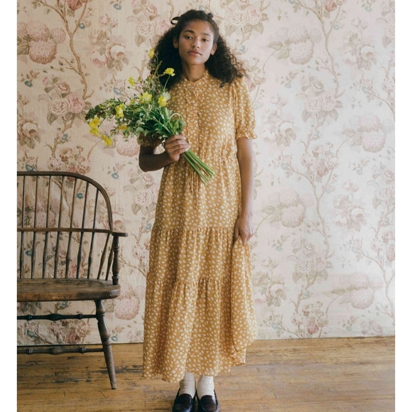 Christy Dawn Elle Dress Mustard Seed Floral Yellow Orange Ruffle Midi NWT Small - Picture 3 of 8